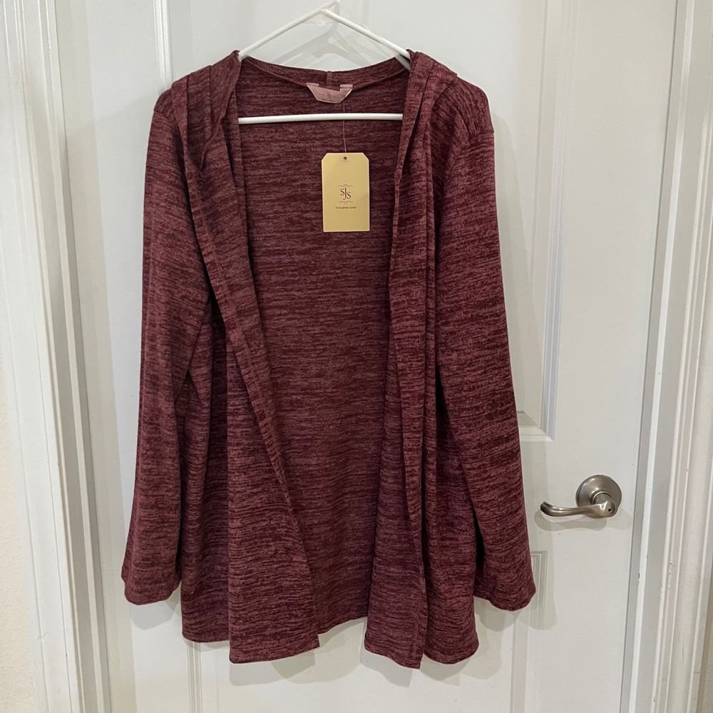 Jesse J Womens 3X Burgundy Marl Hooded Open Front Cardigan NWT